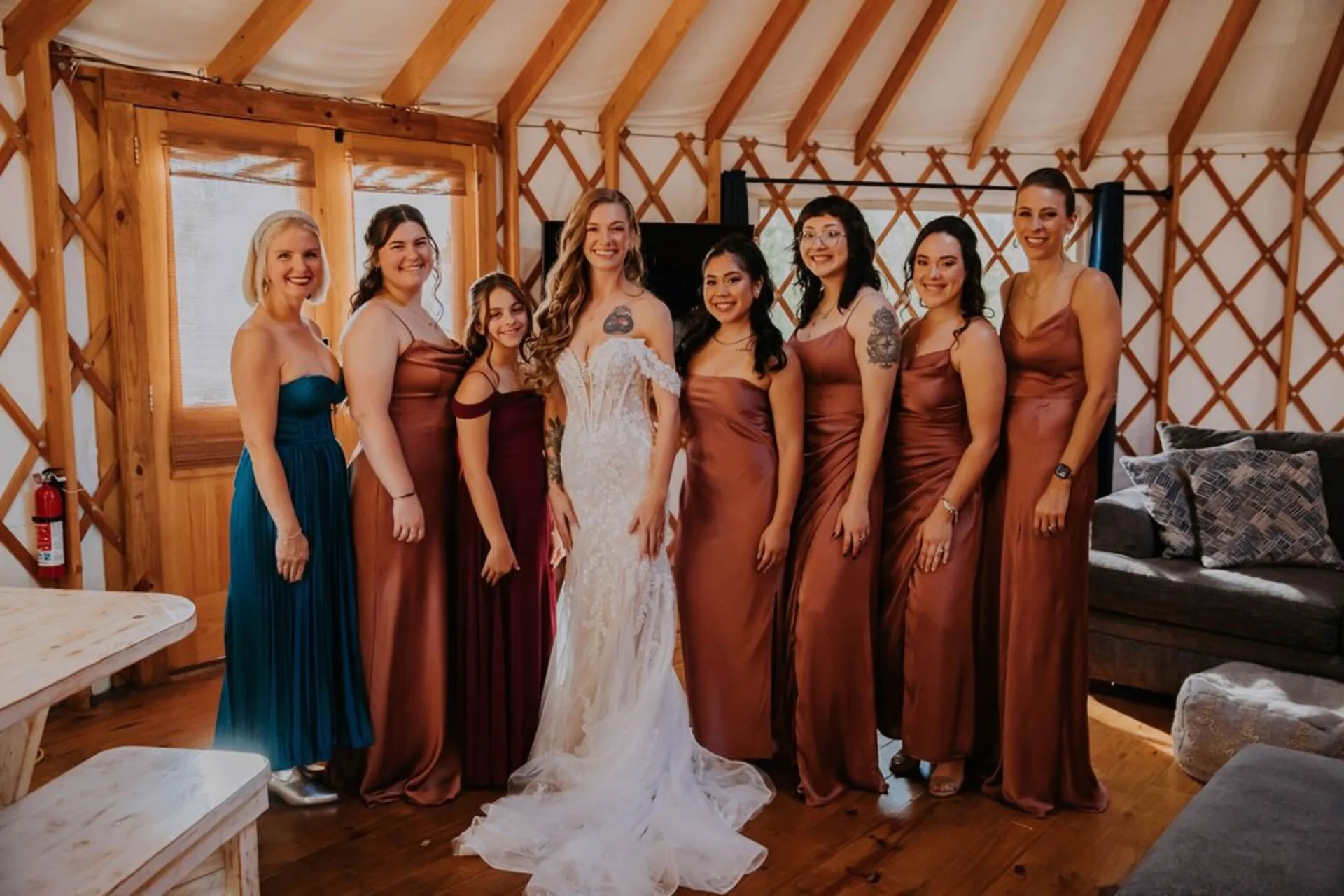 Bridesmaids inside the yurt