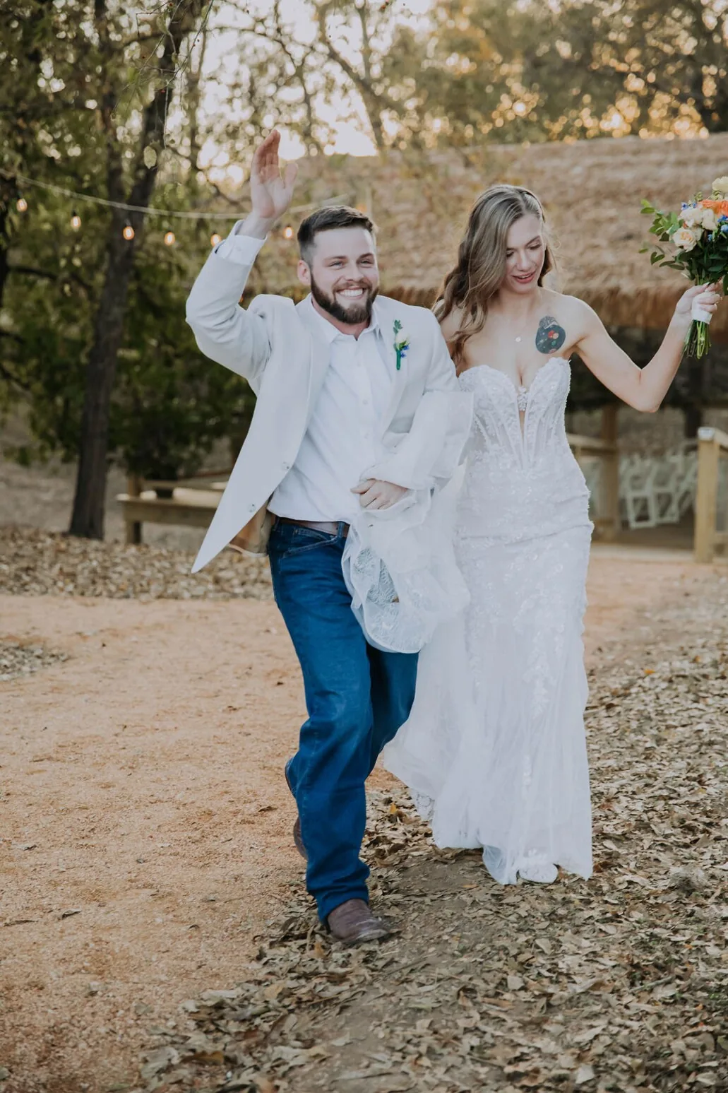 Newlyweds walking joyfully