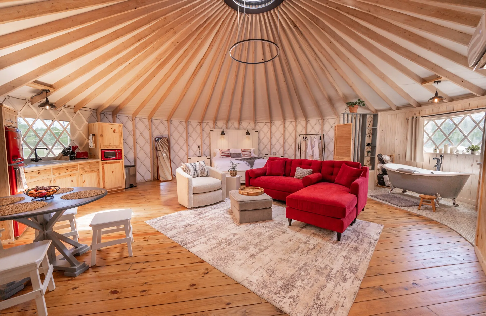 Luxury Yurt Interior with king bed and living area